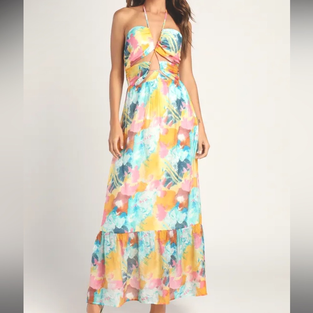 Lulu's Orange and Yellow Strapless Maxi Sundress